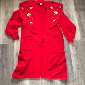 Vintage 80s Avant-garde Red Long Cardigan Sweater Gold Stars Christmas Design